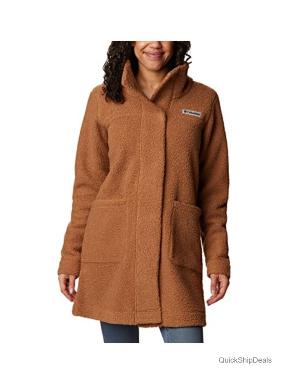 Sherpa Fleece Long Jacket with Plush Collar and Snap Placket